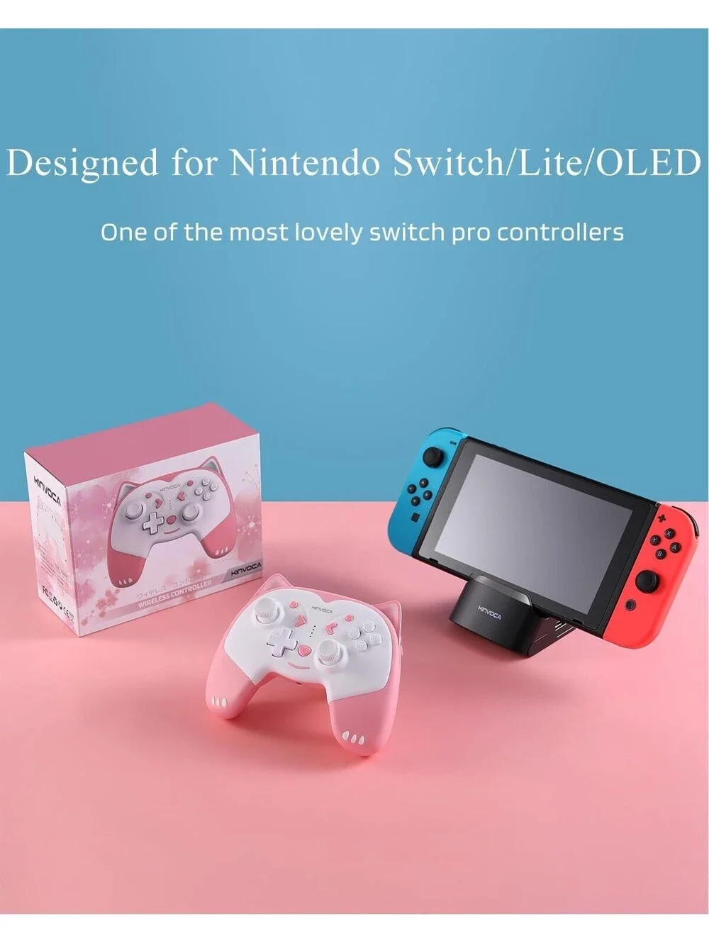 KINVOCA Wireless Controller for Nintendo Switch/Lite/OLED, Breathing Lite - Pink